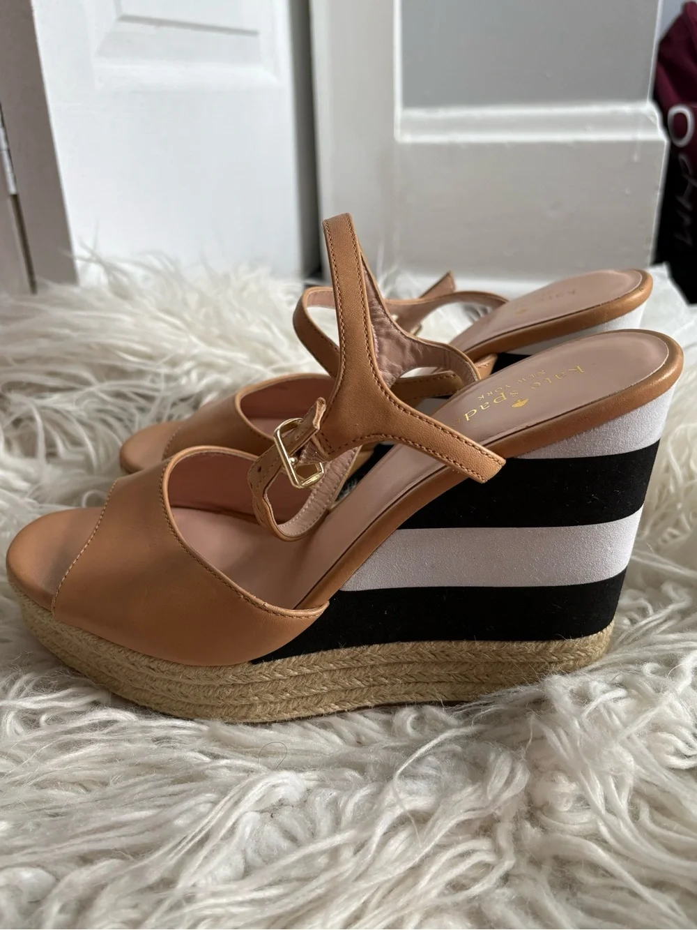 Kate Spade Tan Leather Striped Espadrille Platform Wedge Sandals 10M
